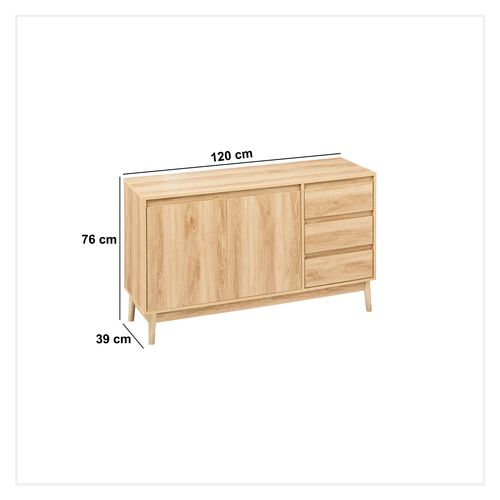 Buffet 120 cm 3 tiroirs ABANA effet chêne naturel