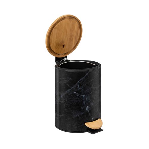 Poubelle En Métal Noir Marbré Et Couvercle En Bambou 3 L