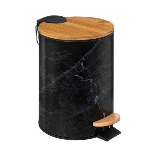 Poubelle En Métal Noir Marbré Et Couvercle En Bambou 3 L