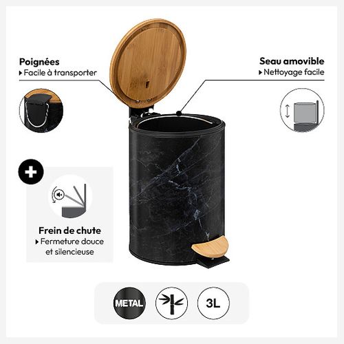 Poubelle En Métal Noir Marbré Et Couvercle En Bambou 3 L