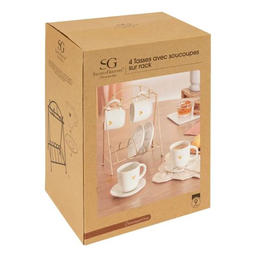 Lot De 4 Tasses et Soucoupes Sur Rack "the Floral" 26cm Blanc