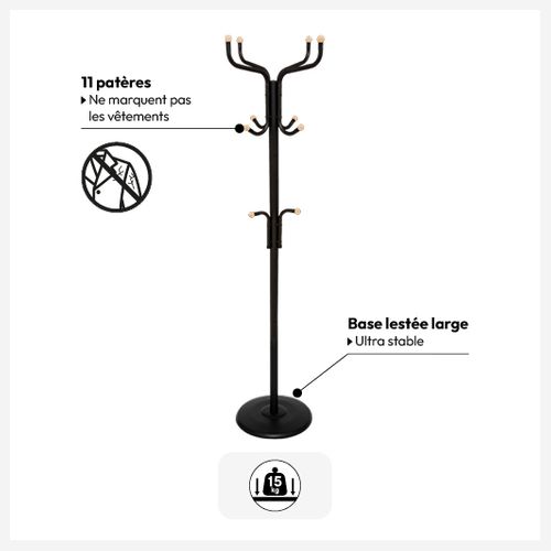 Porte-manteaux 11 Tiges Métal Avec Boules Bois - Noir