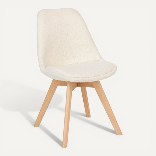 Chaise De Table Tissu Blanc à Bouclettes Et Pieds En Bois