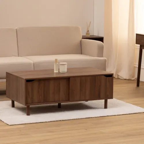 Table Basse L.108 cm 2 portes coulissantes SLIDY bois foncé vue d'ambiance 1