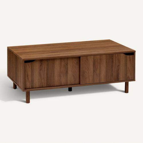 Table Basse L.108 cm 2 portes coulissantes SLIDY bois foncé vue 3/4