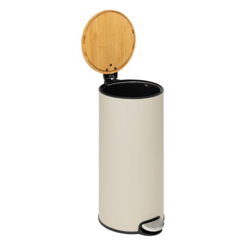 Poubelle 30 Litres En Métal Beige Et Couvercle En Bambou
