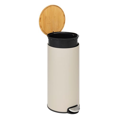 Poubelle 30 Litres En Métal Beige Et Couvercle En Bambou