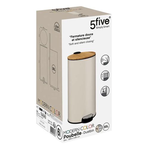 Poubelle 30 Litres En Métal Beige Et Couvercle En Bambou