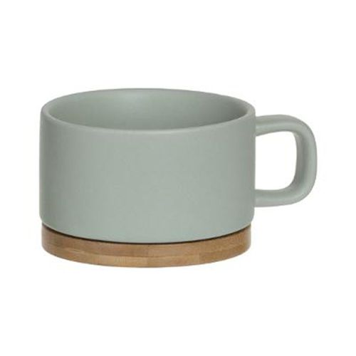 Théière En Céramique Vert Menthe Avec Tasse Intégrée Et Socle En Bambou