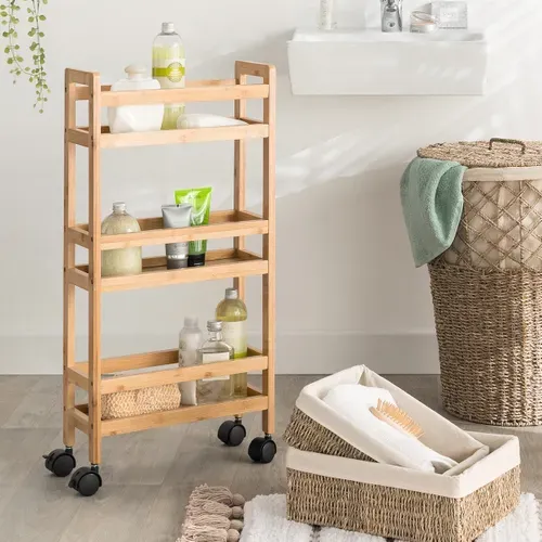 Desserte De Salle De Bain Sur Roues 3 Niveaux En Bambou