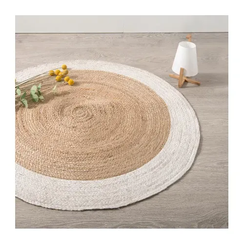 Tapis Rond En Jute Et Bord En Blanc Vieilli D 120 Cm