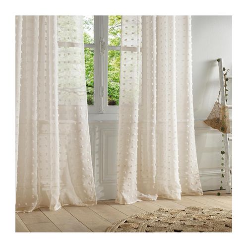 Voilage à Oeillets Beige Motif Petits Pompons 140 X 240 Cm