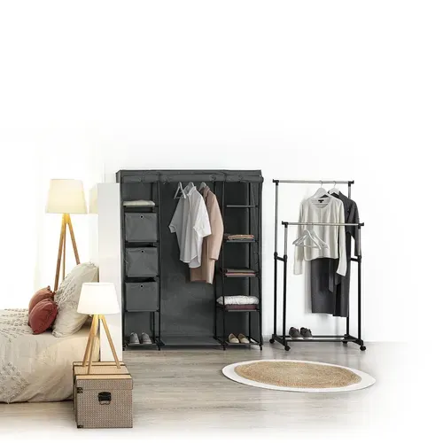 Armoire En Tissu Avec Penderie, étagères Et Boites De Rangement - Gris Anthracite