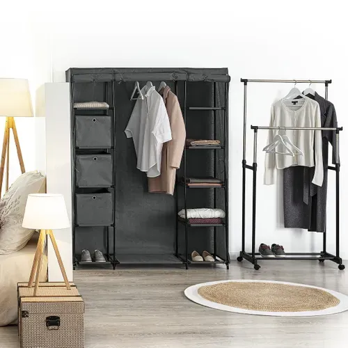 Armoire En Tissu Avec Penderie, étagères Et Boites De Rangement - Gris Anthracite