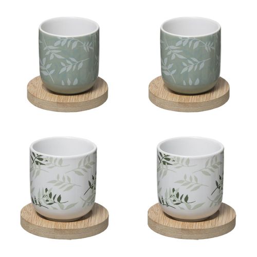 Coffret 8 Pièces : 4 Tasses à Café En Faïence Et 4 Sous Tasses En Bambou