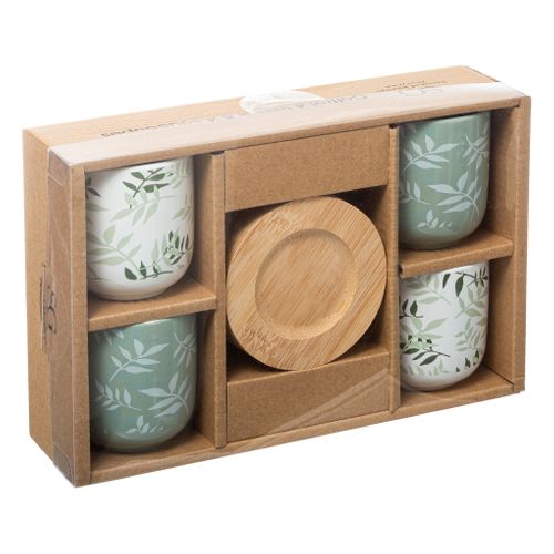 Coffret 8 Pièces : 4 Tasses à Café En Faïence Et 4 Sous Tasses En Bambou