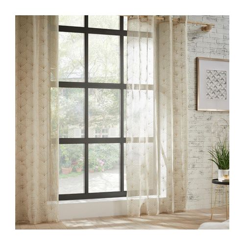 Voilage à Oeillets Beige Lin Motif Brodé 140 X 240 Cm