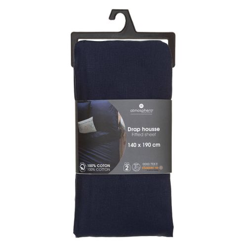 Drap Housse 2 Personnes En Coton Bleu Encre 140 X 190 Cm