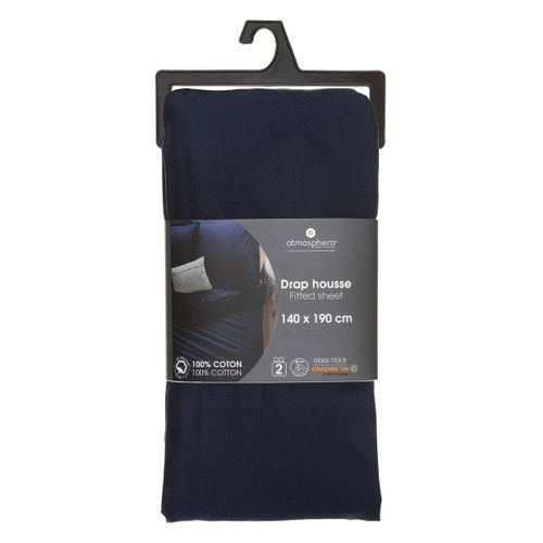 Drap Housse 2 Personnes En Coton Bleu Encre 140 X 190 Cm