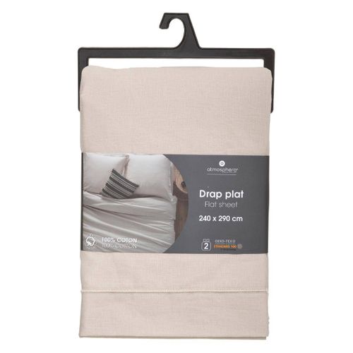 Drap Plat 2 Personnes En Coton Beige Lin 240 X 290 Cm
