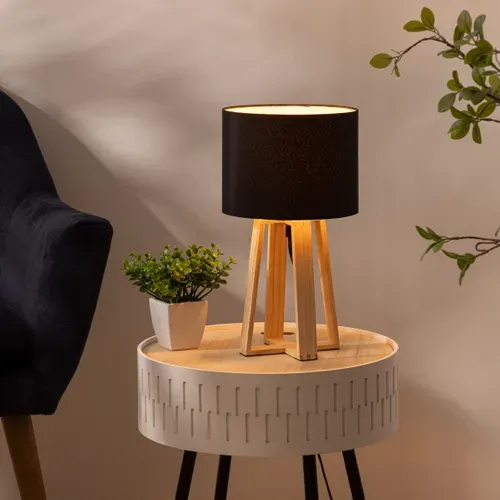 Lampe à Poser Pied En Bois Et Abat-jour Noir H 34.5 Cm