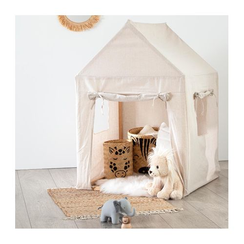 Cabane Enfant Maison En Bois Et Toile Beige Avec Porte Et Fenêtres H 115 Cm