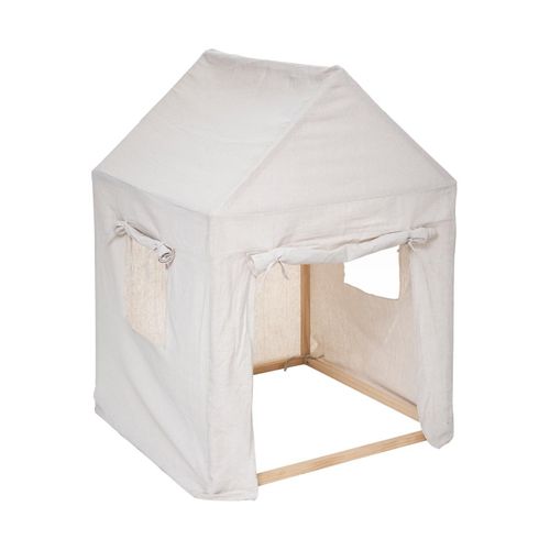 Cabane Enfant Maison En Bois Et Toile Beige Avec Porte Et Fenêtres H 115 Cm