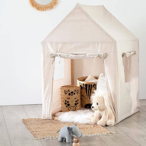 Cabane Enfant Maison En Bois Et Toile Beige Avec Porte Et Fenêtres H 115 Cm