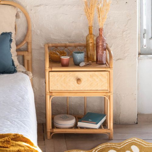 Table D'appoint Table De Chevet 1 Tiroir En Rotin Et Bambou H 60 Cm