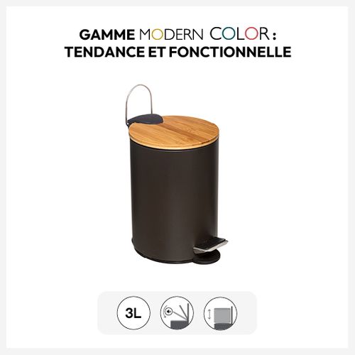 Poubelle De Salle De Bain En Métal Noir Charbon Et Couvercle En Bambou 3 L