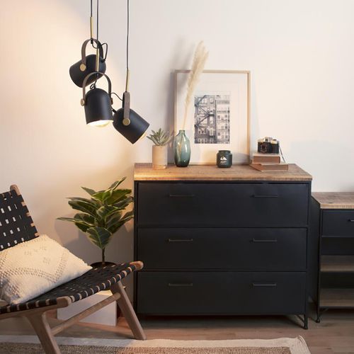 Luminaire Suspension 3 Lampes En Métal Noir et Doré H 83 Cm