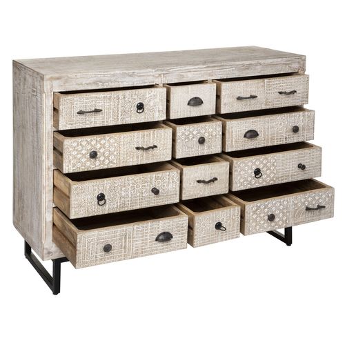 Commode 12 Tiroirs Ajay En Bois Blanchi - Beige