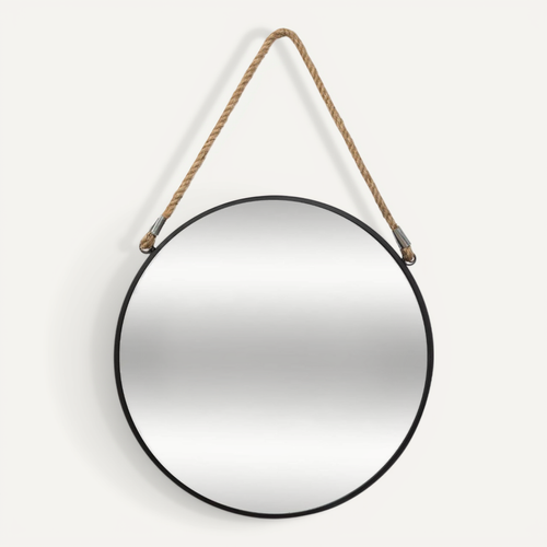 Miroir Rond En Métal Noir Avec Corde D 55 Cm