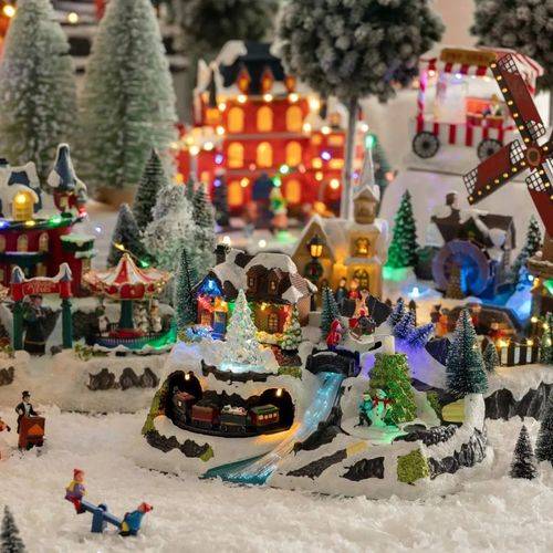 Village De Noël Lumineux Et Animé En Fibre Optique Avec Train