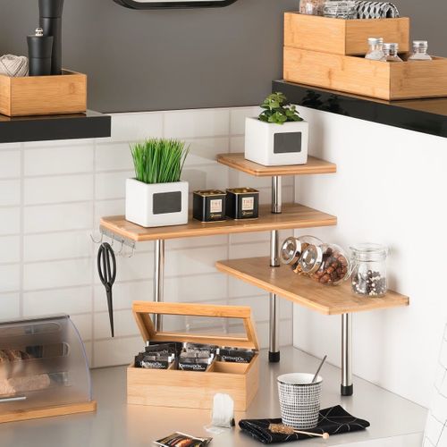 Étagère D'angle 3 Niveaux En Bambou Et Acier Inoxydable