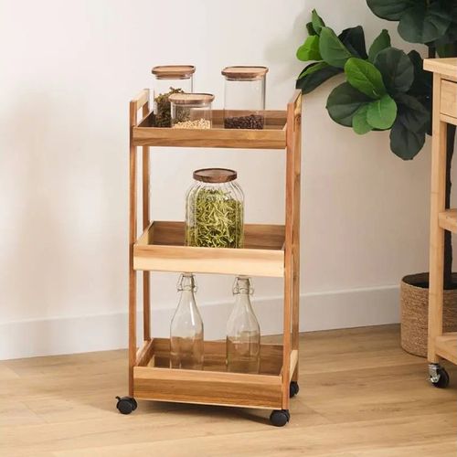 Desserte 3 Niveaux Sur Roulettes Acacia Mdf