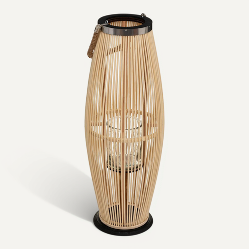 Grande Lanterne En Bambou Naturel Bougeoir En Verre D 27 X H 73 Cm