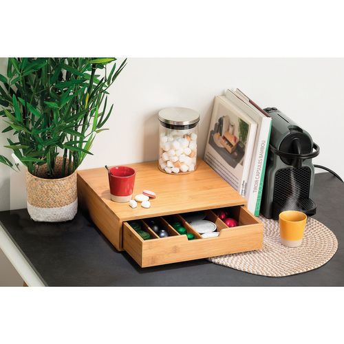 Boite à Capsules Pour Café Avec Tiroir De Rangement En Bambou - Beige