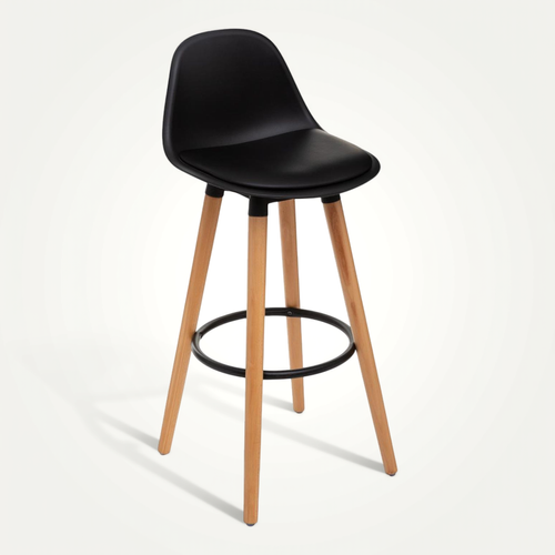 Tabouret De Bar Confortable Assise Noire Et Pieds En Bois H 92 Cm