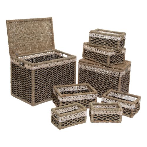 Set De 8 Paniers De Rangement En Seagrass Beige Et Noir