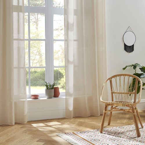 Voilage à Oeillets Beige Effet Lin Avec Motifs Ajourés 140 X 240 Cm