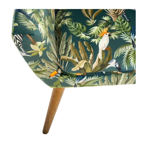 Fauteuil En Velours Vert Motif Jungle Et Pieds En Bois