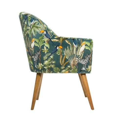 Fauteuil En Velours Vert Motif Jungle Et Pieds En Bois