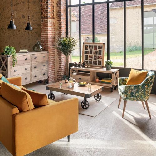 Fauteuil En Velours Vert Motif Jungle Et Pieds En Bois