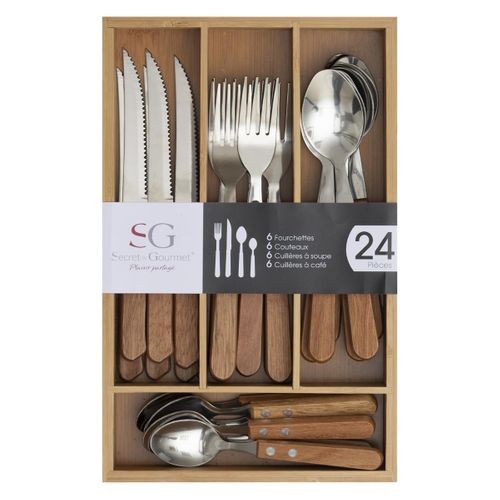 Ménagère 24 Pièces Couverts En Inox Avec Range-couverts En Bois