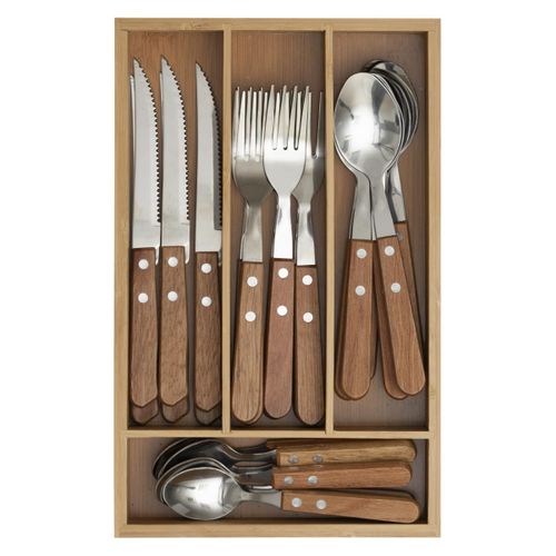 Ménagère 24 Pièces Couverts En Inox Avec Range-couverts En Bois