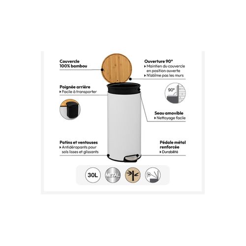 Poubelle 30 Litres En Métal Noir Charbon Et Couvercle En Bambou