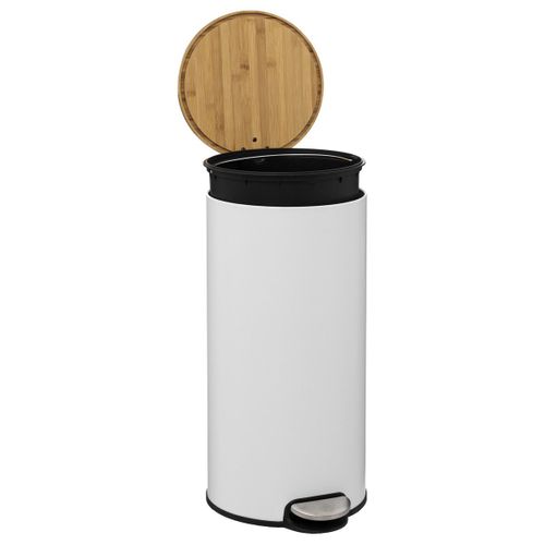 Poubelle 30 Litres En Métal Blanc Et Couvercle En Bambou