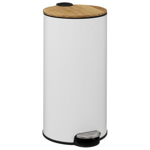 Poubelle 30 Litres En Métal Blanc Et Couvercle En Bambou