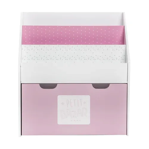 Bibliothèque Enfant Blanche et Rose Avec Bac De Rangement Sur Roulette